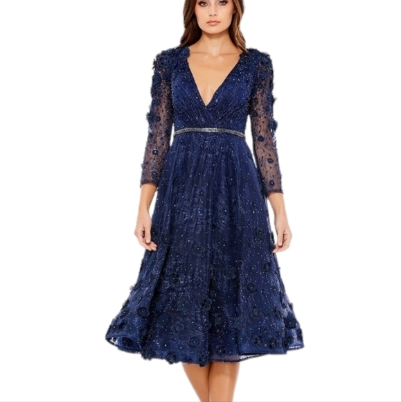 Mac Duggal 3D Floral/Lace Long Sleeve V-neck Beaded Dress Dark Blue NWT Size 10 - Picture 1 of 16